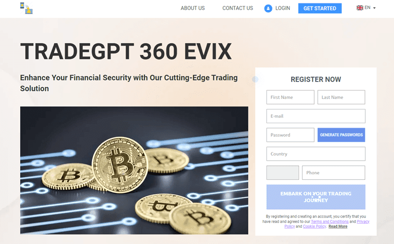 TradeGPT 360 Evix Homepage Screenshot